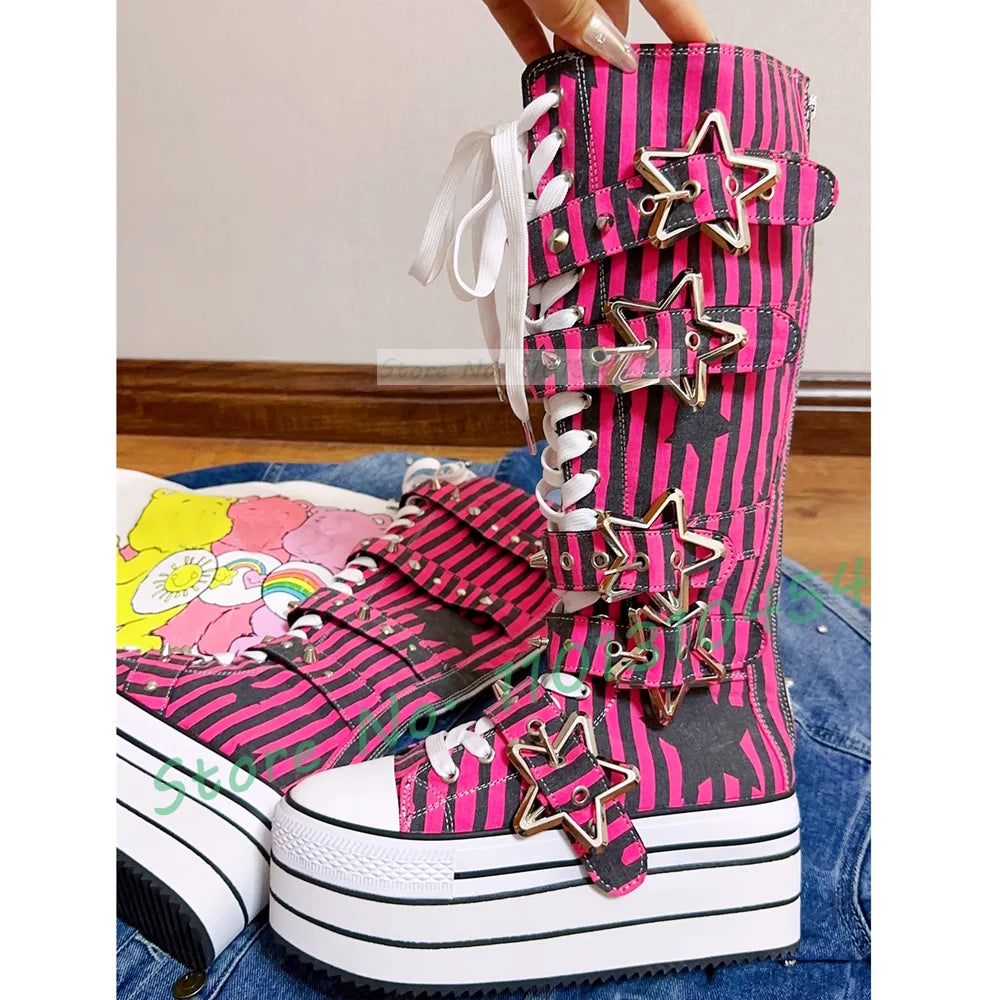 Preto listrado plataforma sapatos de lona longa menina doce metal estrela fivela de cinto botas de renda moda dedo do pé redondo legal lolita sapatos
