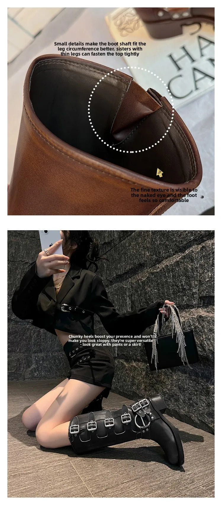 Botas Altas de Couro Genuíno para Mulheres com Fivela de Metal, Bico Quadrado, Estilo Punk, Salto Grosso, Botas de Motociclista