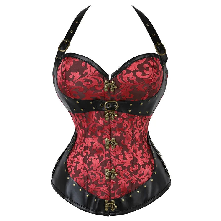Corset Feminino Estilo Vitoriano Gótico com Alça no Pescoço e Botões - Top Modelador Bustiê