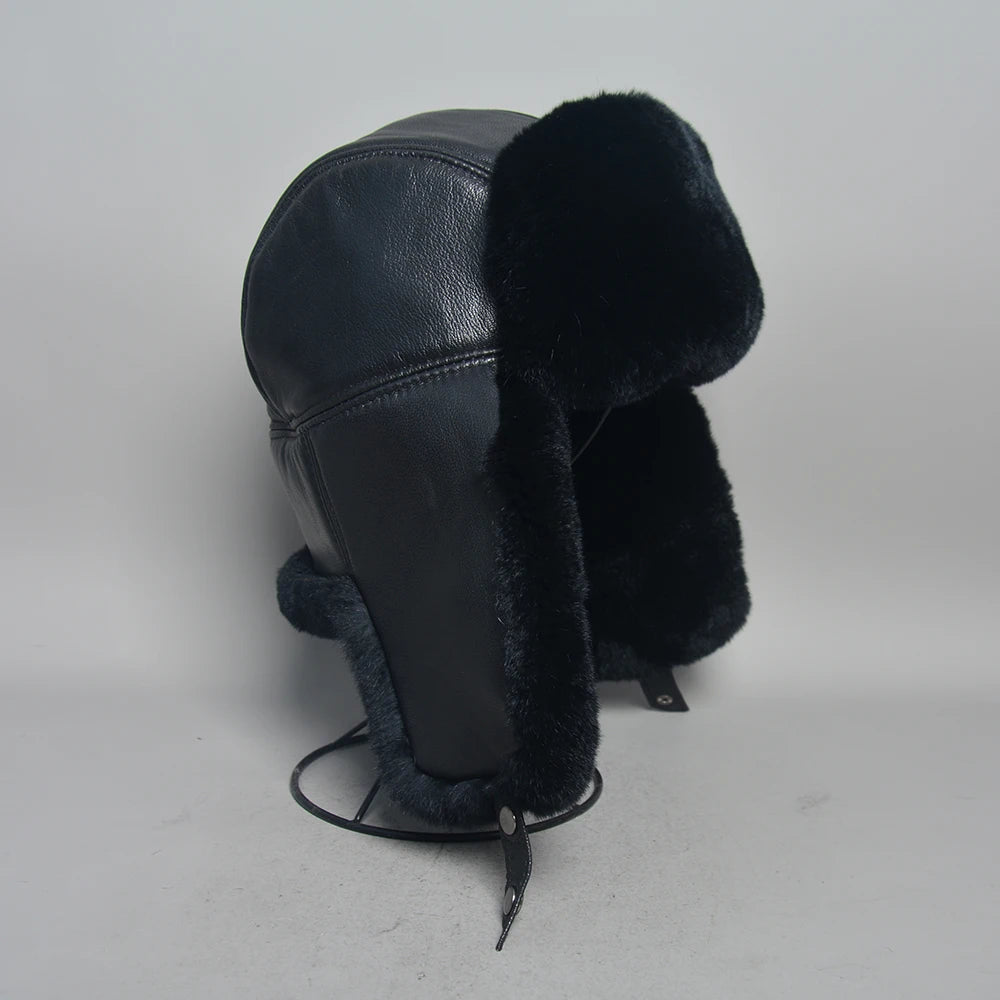 Novo unissex real rex pele de coelho bombardeiro chapéu ushanka boné trapper russo das mulheres dos homens chapéus de esqui bonés de couro de pele de carneiro real inverno quente