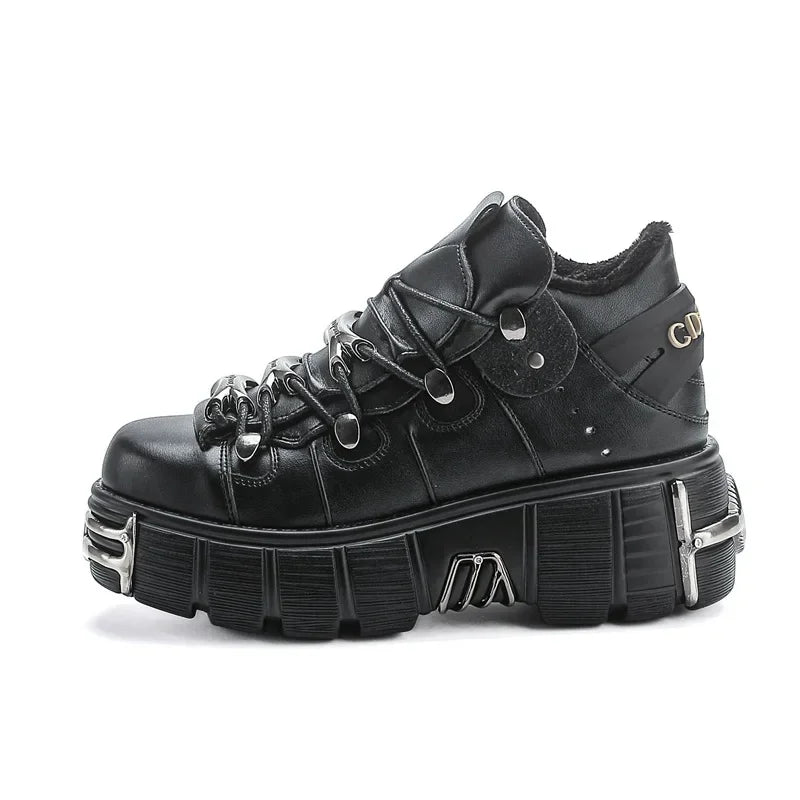 2025 primavera novos sapatos femininos de metal pesado fundo grosso alta superior punk sapatos de couro gótico escuro botas de motocicleta tendência