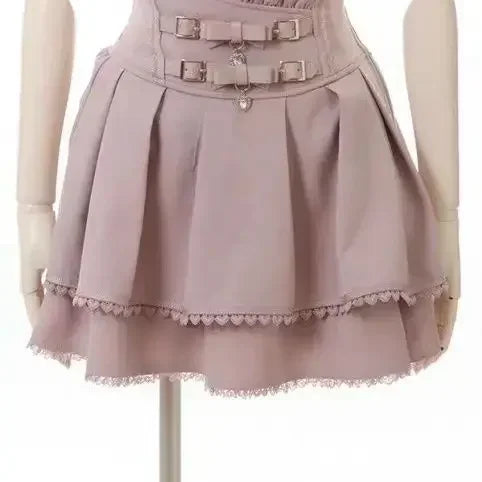 Minissaia Feminina Estilo Lolita Doce Japonês, Retro Elegante, com Renda e Faixas, Saias de Festa em Camadas, Gótica Y2k com Fivelas Metálicas