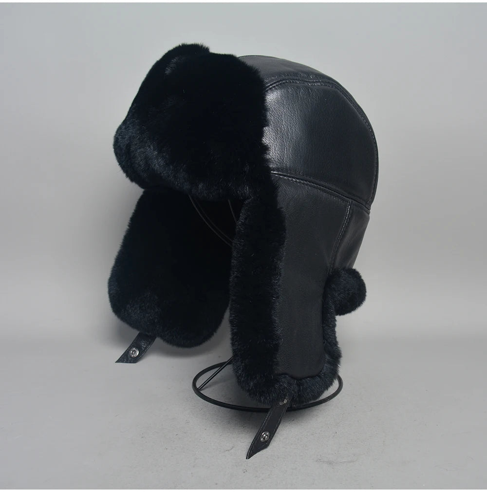 Novo unissex real rex pele de coelho bombardeiro chapéu ushanka boné trapper russo das mulheres dos homens chapéus de esqui bonés de couro de pele de carneiro real inverno quente