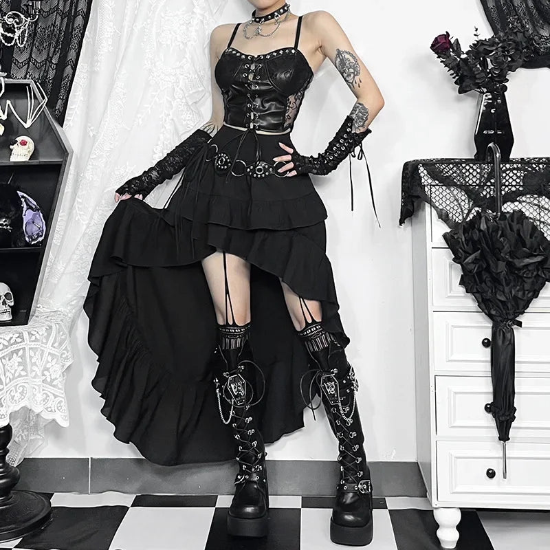 Goth escuro kawaii preto em camadas saias 90s retro irregular hem festa bottoms shopping gótico moda feminina arrastando saia alt roupas