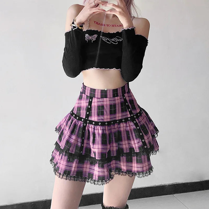 FICHOR-Mulheres Góticas Renda Ruffle Mini Saias, Harajuku, Fairy Grunge, Xadrez Rosa, Plissado, Japonês Lolita Streetwear, Mall Goth