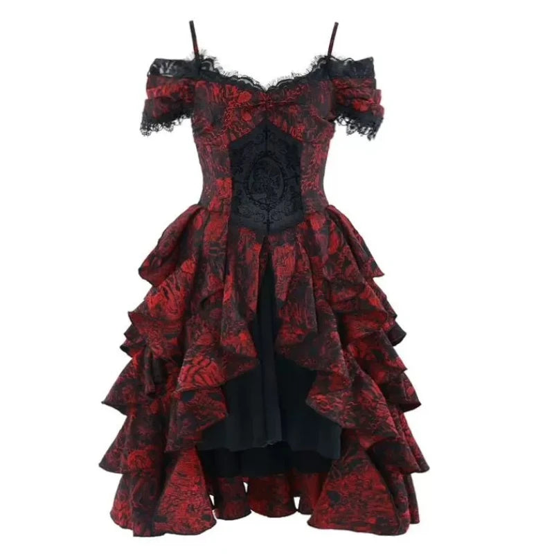 Vestido Gótico Lolita Carmesim de Ombros à Mostra