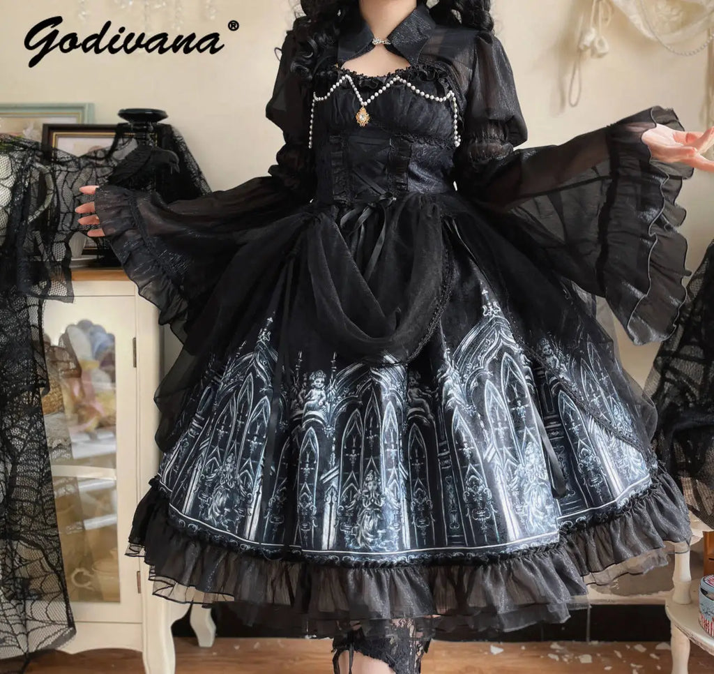 Original halloween lolita vestido nova primavera e verão feminino meninas escuro gótico jsk vestido manga alargamento capa camisa