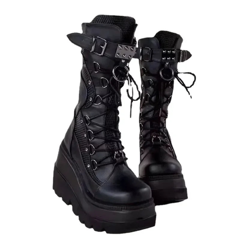 Nova marca senhoras botas de plataforma goth moda rebite fivela punk cunhas salto alto botas femininas festa rua cosplay mulher sapatos