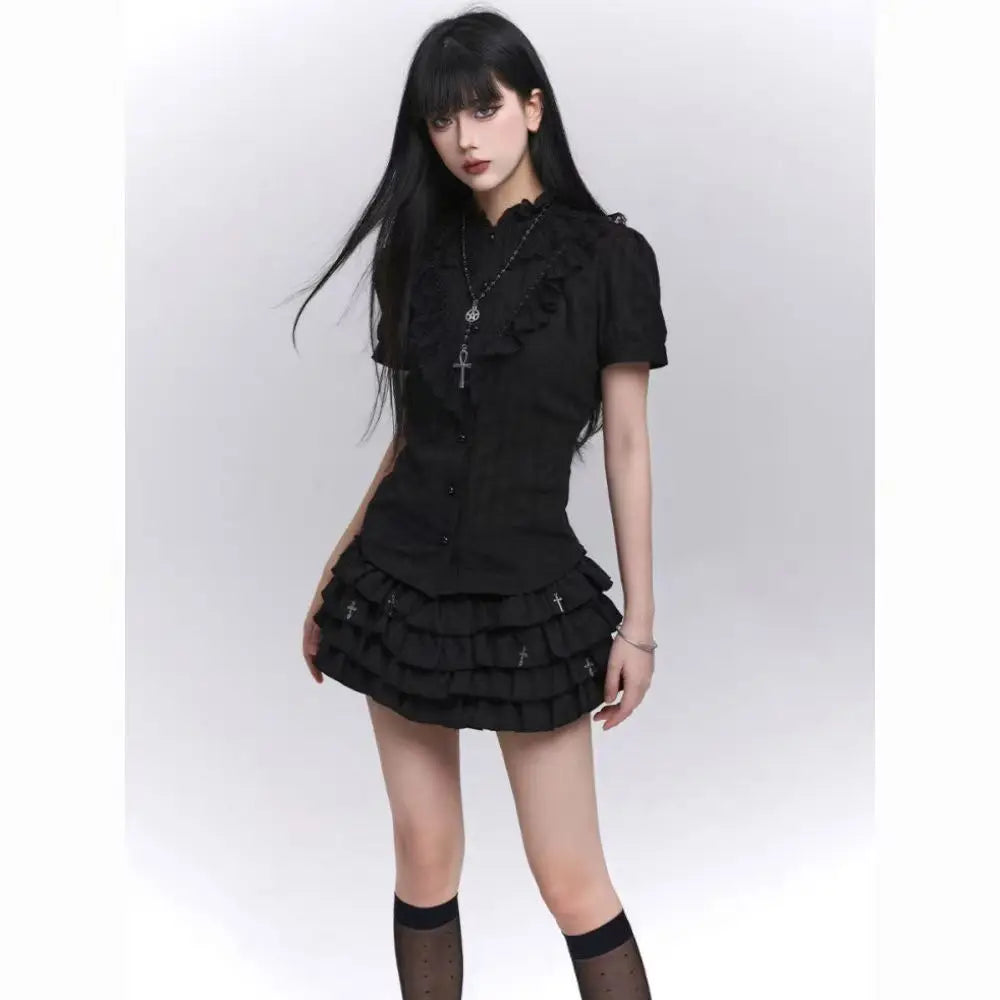 Saias Femininas com Camadas e Babados, Minissaia com Detalhes Cruzados, Shorts Embutidos, Skort Japonês Kawaii, Estilo Gótico Punk Y2K, Harajuku Anos 90, Sexy