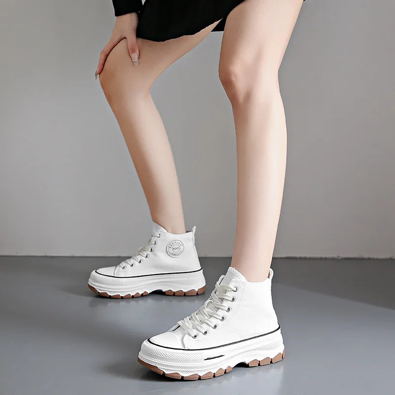 2024 novas mulheres tênis de alta qualidade rendas-up casual plarform altura lona antiderrapante resistente ao desgaste primavera feminino vulcanizar sapatos