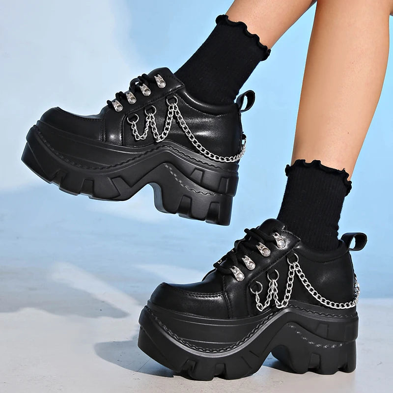 Gótico punk chunky tênis para mulher preto corrente decoração plataforma sapatos esportivos mulher sola grossa não deslizamento punk tênis plus size