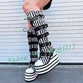 Preto listrado plataforma sapatos de lona longa menina doce metal estrela fivela de cinto botas de renda moda dedo do pé redondo legal lolita sapatos