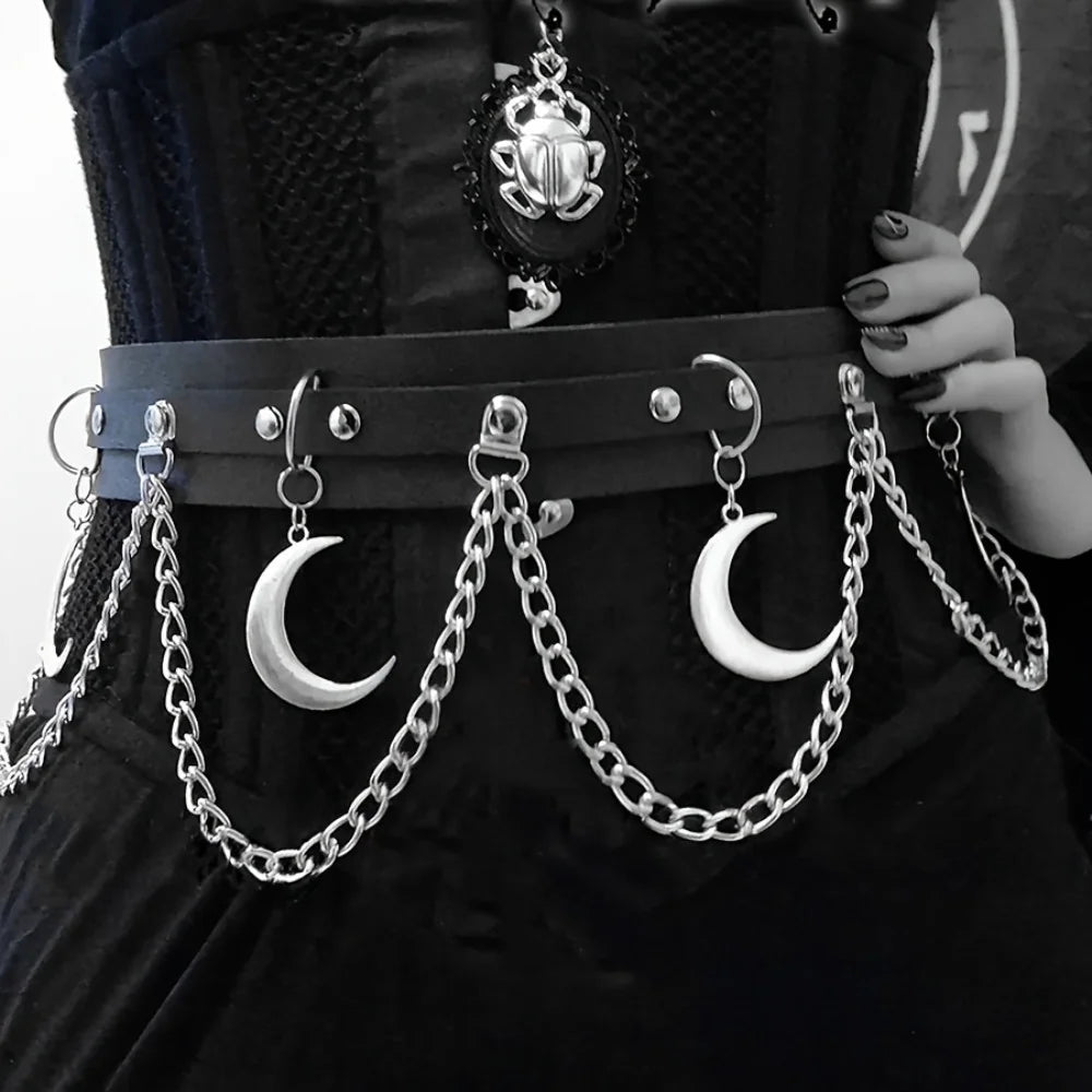 Lua pingente corrente franja goth cinto punk preto couro do plutônio cintos vintage cintura para mulheres meninas