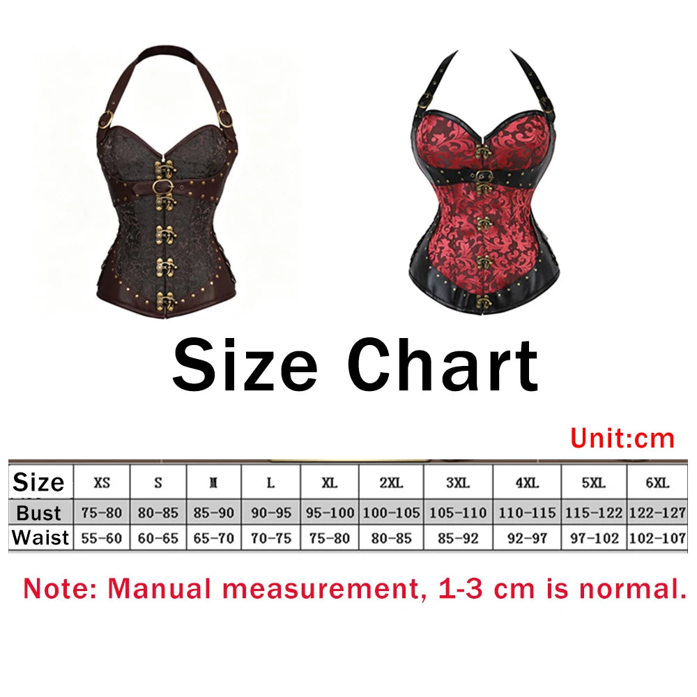 Corset Feminino Estilo Vitoriano Gótico com Alça no Pescoço e Botões - Top Modelador Bustiê