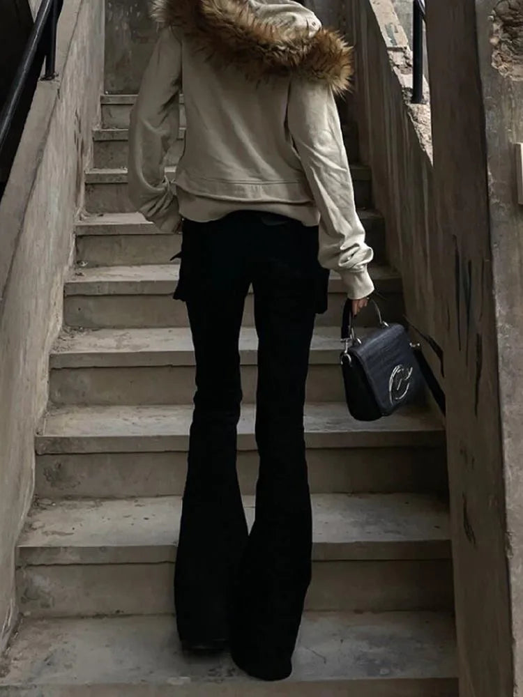 Mulheres escuro academia goblin núcleo calças compridas gyaru goth baixo aumento alargamento calças y2k streetwear estiramento japonês harajuku grunge