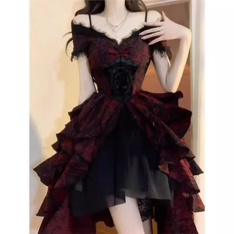 Vestido Gótico Lolita Carmesim de Ombros à Mostra