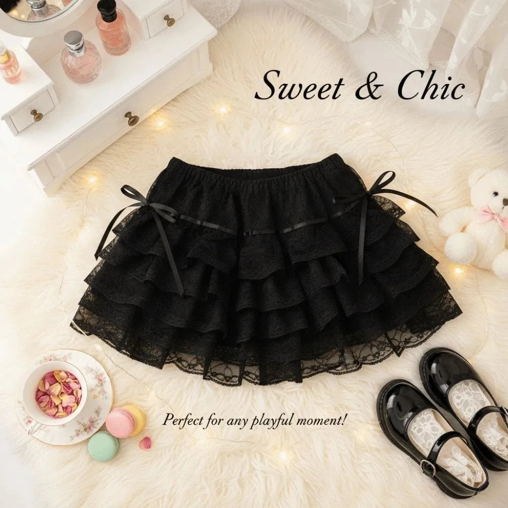 Shorts de Renda com Laço e Flores Estilo Lolita, com Cordão e Babados em Camadas, Saia de Renda de Verão, Calças de Suporte e Peça Externa