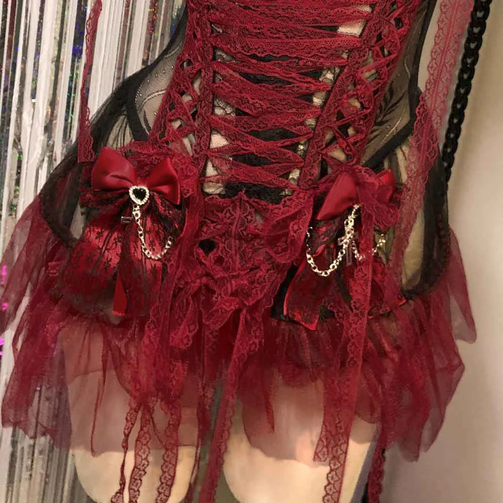 Vestido Gótico Y2K Vermelho para Mulheres, Vestido de Renda Emo ALT Grunge E-Girls Lolita, Vestido de Baile, Rave, Festival, Cyber Punk, Roupa Gótica de Estrela de Rock