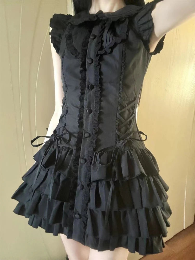 Vestido Gótico Vintage Japonês E-girl para Mulheres, Vestido Mini com Gola Alta, Manga Curta, Laço e Renda, Cintura Ajustada, Vestido Preto Doce e Picante