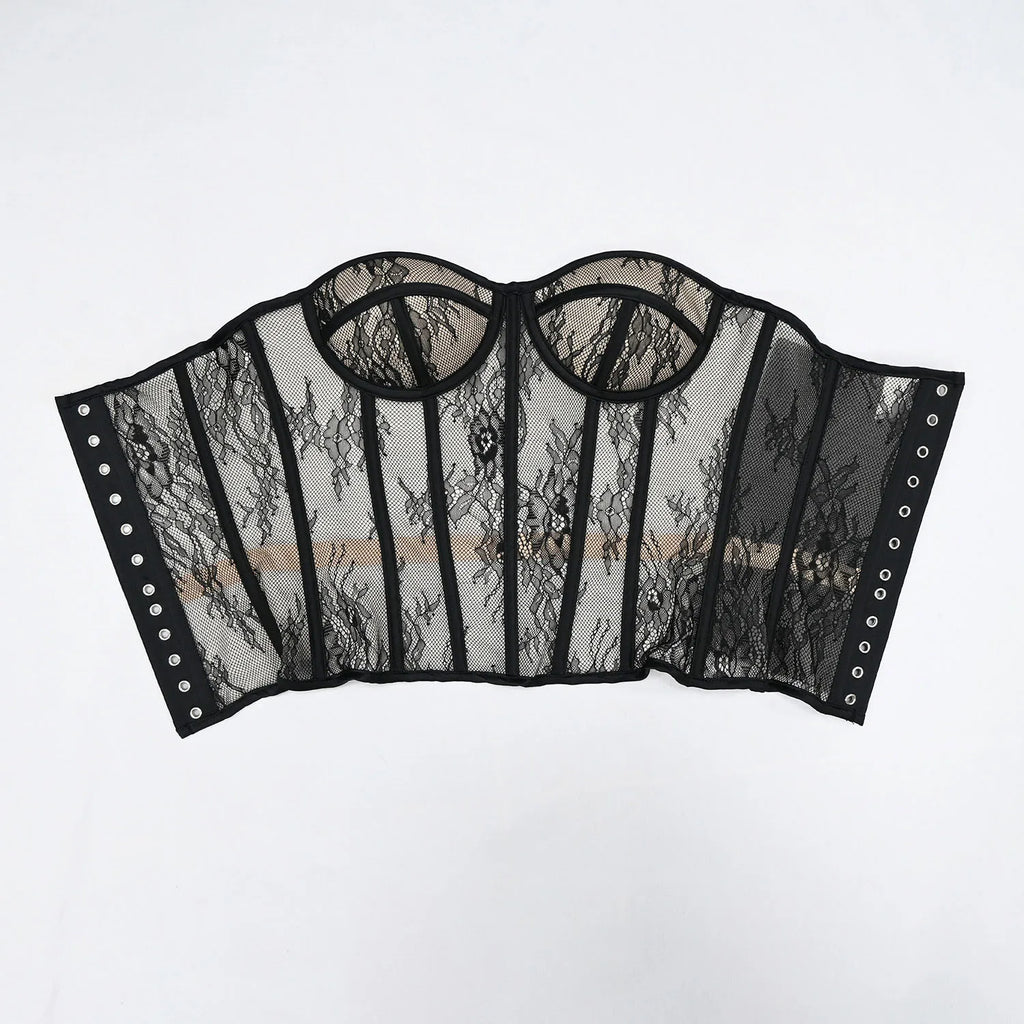 Aço osso korset mulher oco para fora sutiã de renda sem alças bustier superior malha lingerie feminina preto branco biege espartilho