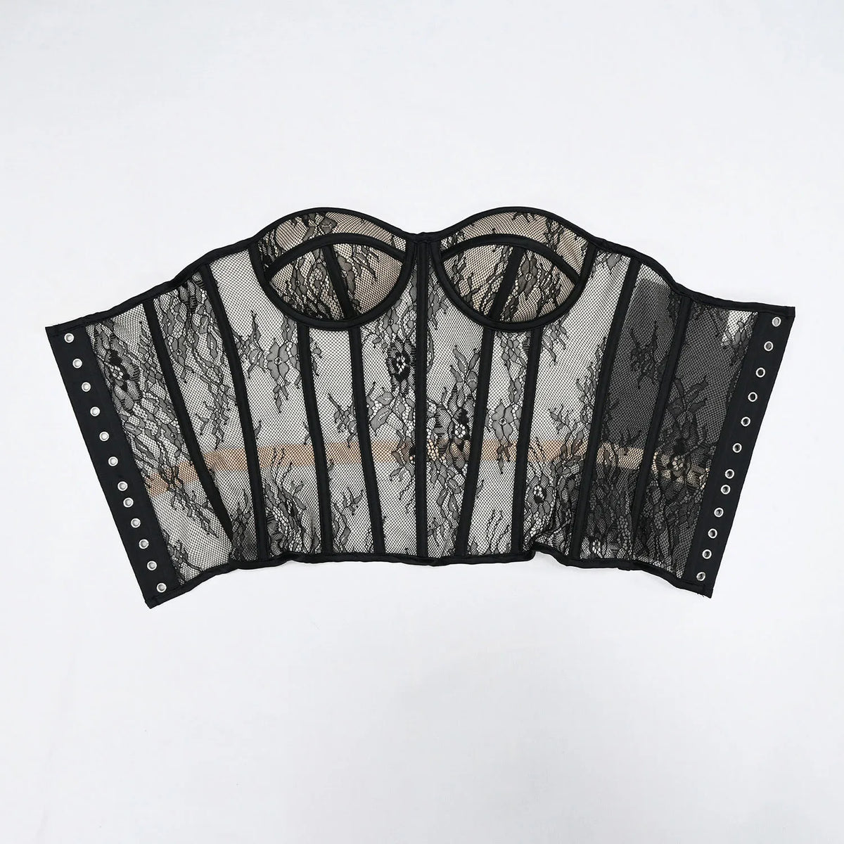 Aço osso korset mulher oco para fora sutiã de renda sem alças bustier superior malha lingerie feminina preto branco biege espartilho
