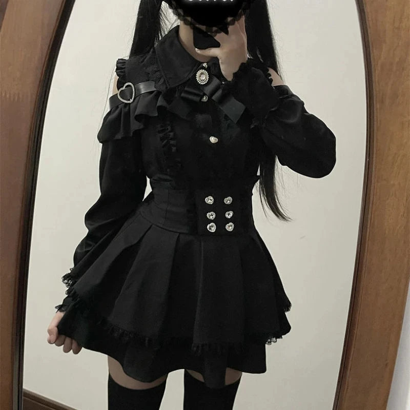 Y2k estética lolita estilo arco vestido shorts conjunto japonês feminino gótico renda alargamento manga botão camisa vestido punk festa mini vestido