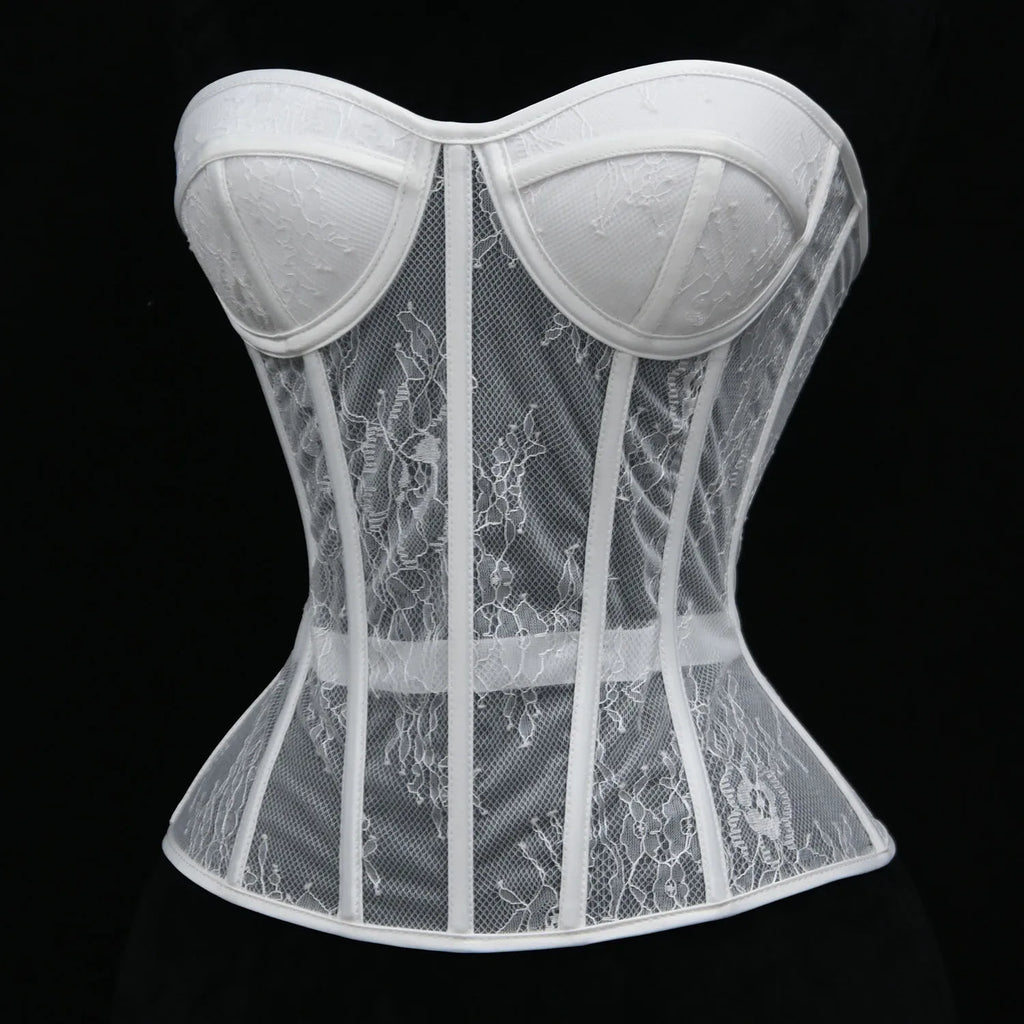 Aço osso korset mulher oco para fora sutiã de renda sem alças bustier superior malha lingerie feminina preto branco biege espartilho