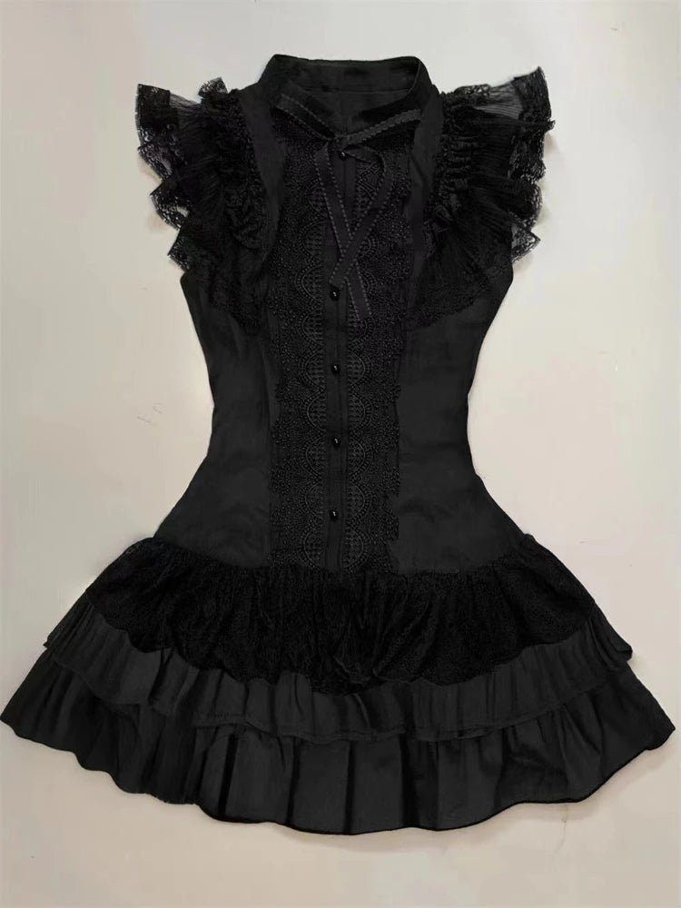 Vestido Gótico Vintage Japonês E-girl para Mulheres, Vestido Mini com Gola Alta, Manga Curta, Laço e Renda, Cintura Ajustada, Vestido Preto Doce e Picante