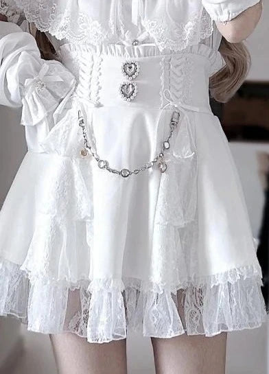 Minissaia Feminina Estilo Lolita Doce Japonês, Retro Elegante, com Renda e Faixas, Saias de Festa em Camadas, Gótica Y2k com Fivelas Metálicas