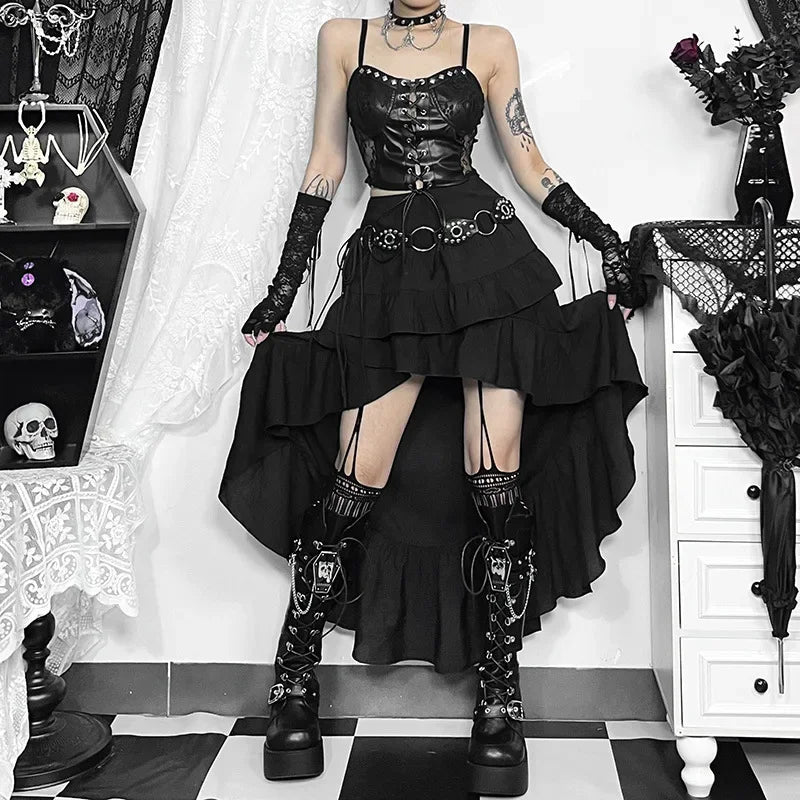 Goth escuro kawaii preto em camadas saias 90s retro irregular hem festa bottoms shopping gótico moda feminina arrastando saia alt roupas
