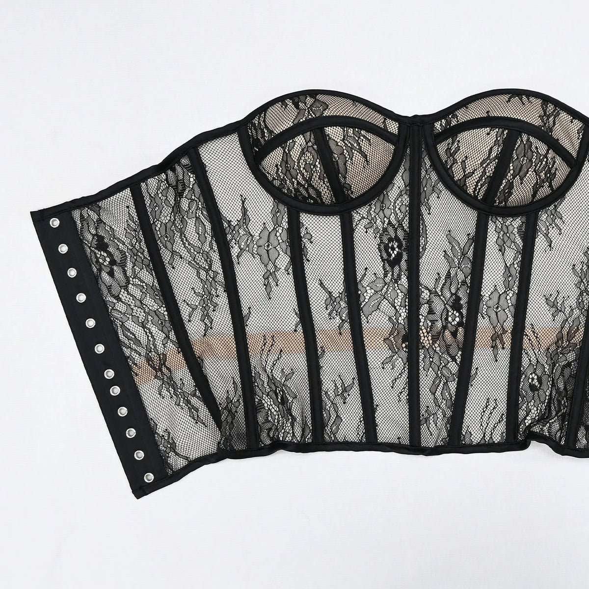 Aço osso korset mulher oco para fora sutiã de renda sem alças bustier superior malha lingerie feminina preto branco biege espartilho