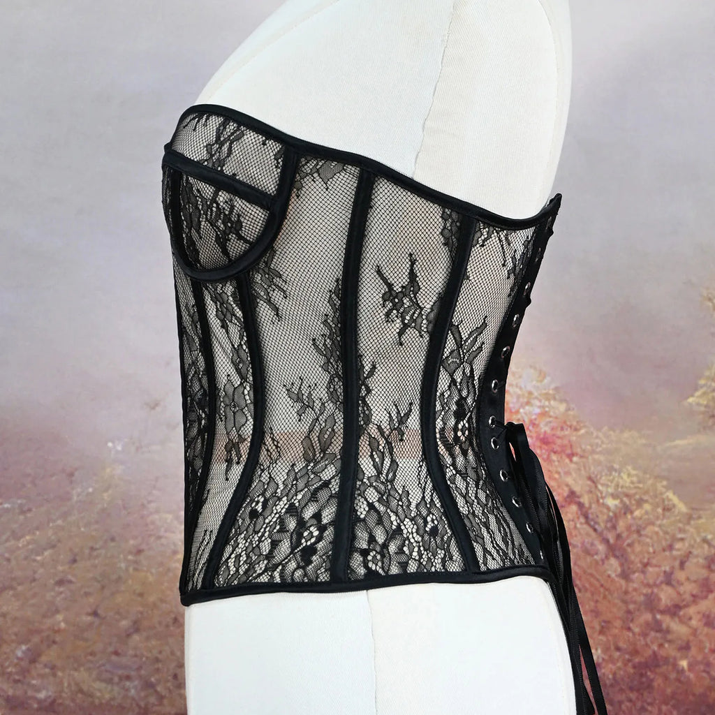 Aço osso korset mulher oco para fora sutiã de renda sem alças bustier superior malha lingerie feminina preto branco biege espartilho