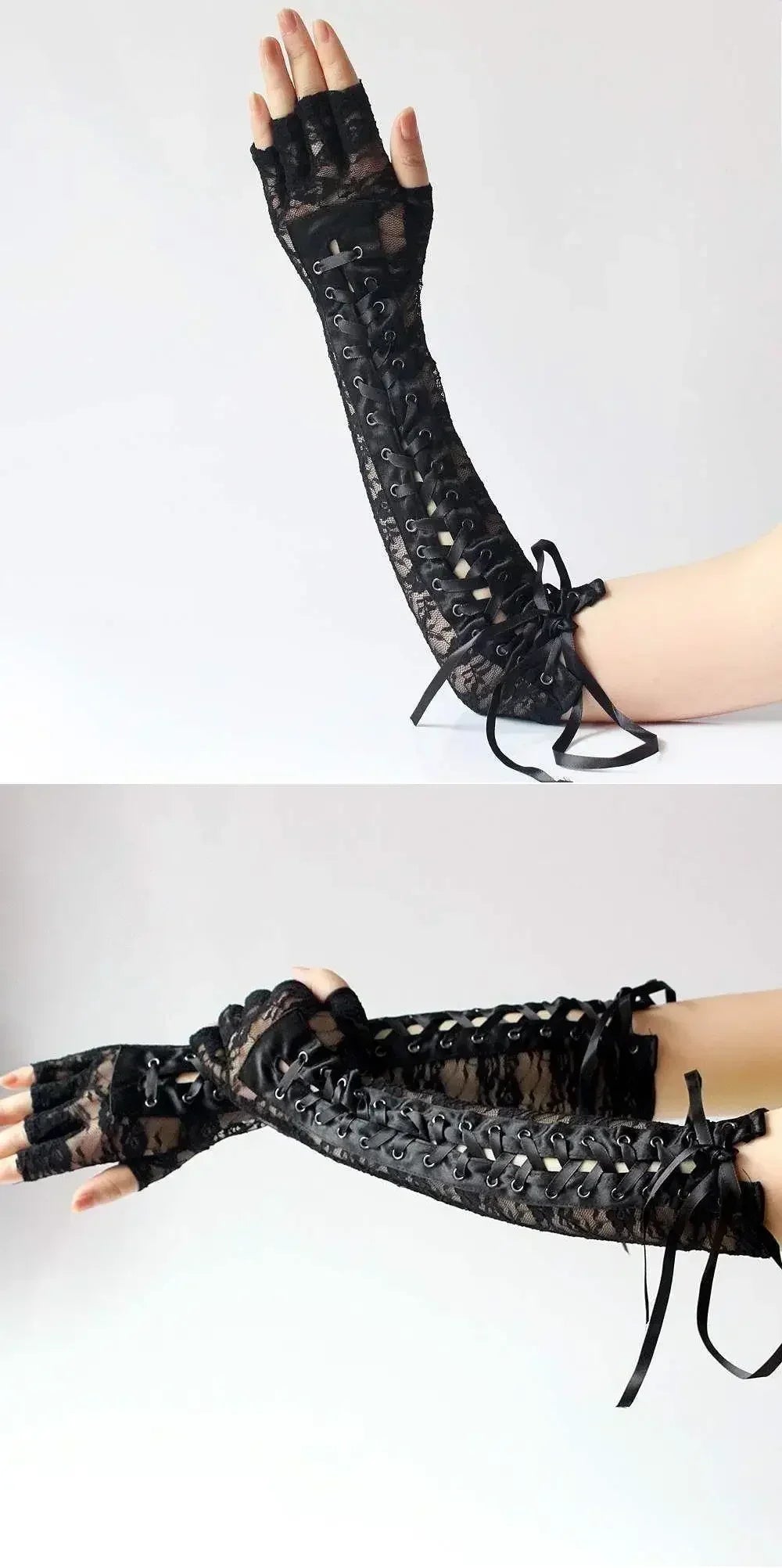 Luvas de Renda Gótica Fishnet até o Cotovelo