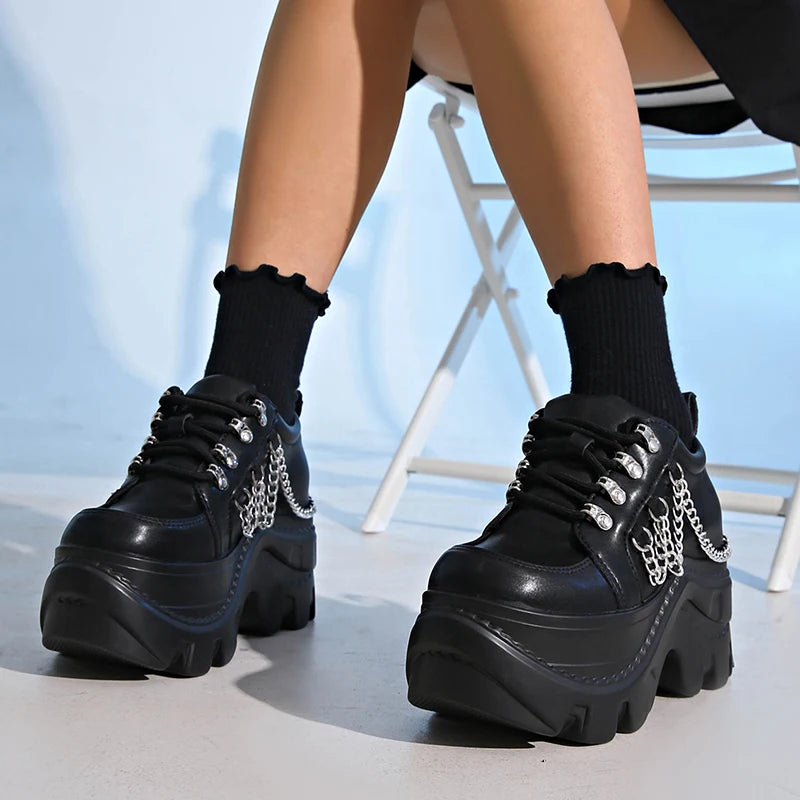 Gótico punk chunky tênis para mulher preto corrente decoração plataforma sapatos esportivos mulher sola grossa não deslizamento punk tênis plus size