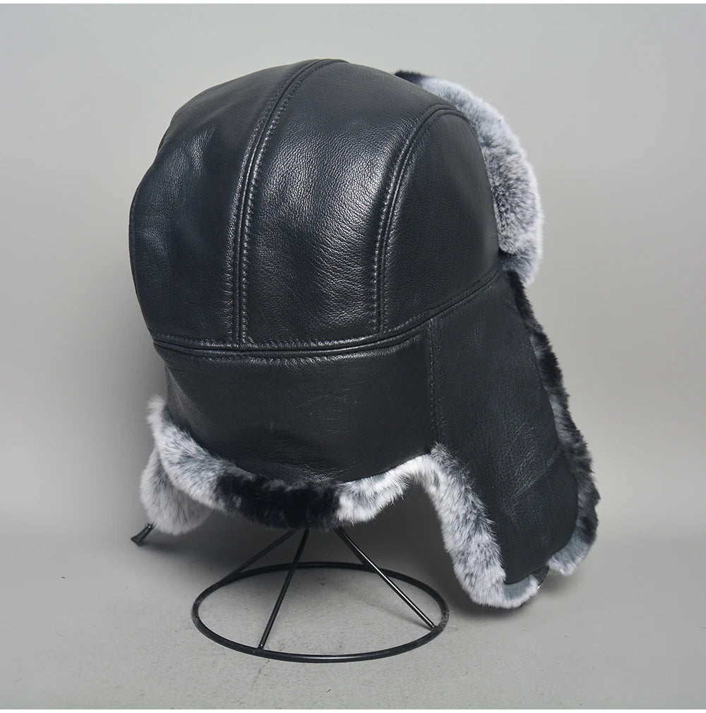 Novo unissex real rex pele de coelho bombardeiro chapéu ushanka boné trapper russo das mulheres dos homens chapéus de esqui bonés de couro de pele de carneiro real inverno quente