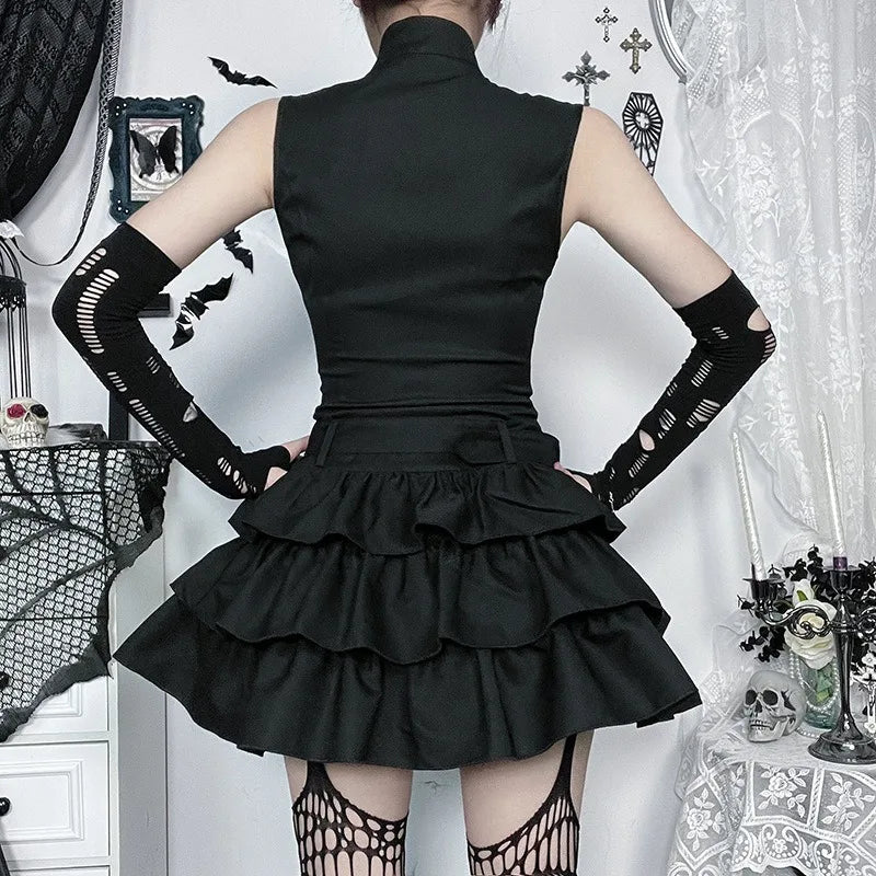 Kimutomo y2k sem mangas punk vestido feminino vintage harajuku suporte pescoço zíper mini vestidos de verão babados grunge festa gótica