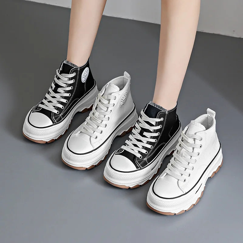 2024 novas mulheres tênis de alta qualidade rendas-up casual plarform altura lona antiderrapante resistente ao desgaste primavera feminino vulcanizar sapatos