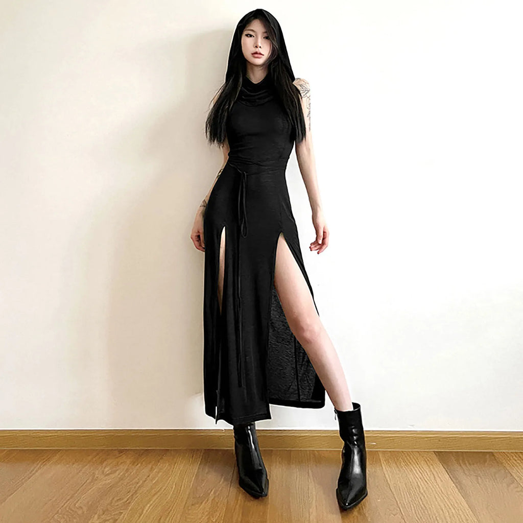 Gótico deserto walker vestidos com capuz feminino goth cyber y2k punk grunge oco para fora midi vestido sexy split side sólido streetwear