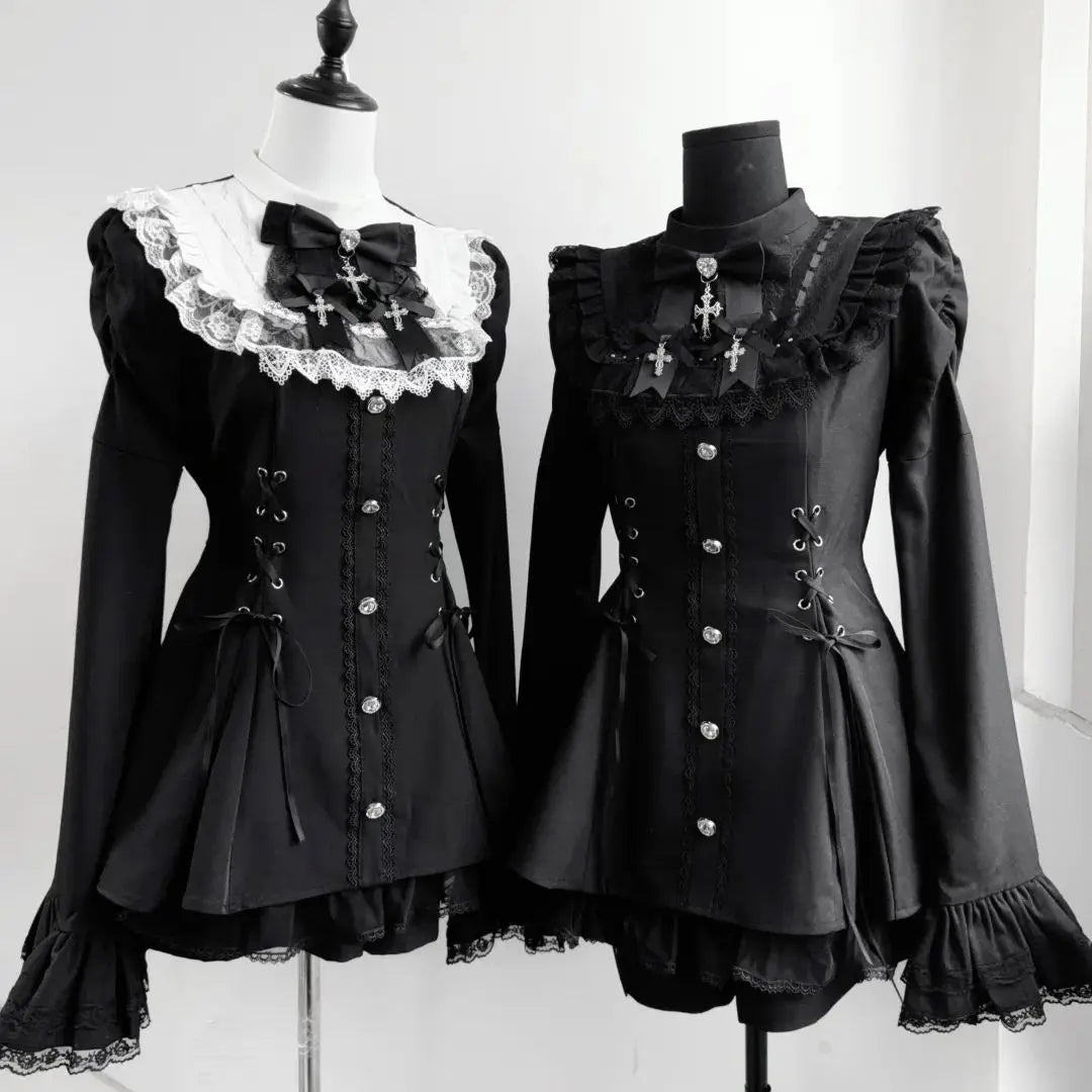 Y2k estética lolita estilo arco vestido shorts conjunto japonês feminino gótico renda alargamento manga botão camisa vestido punk festa mini vestido