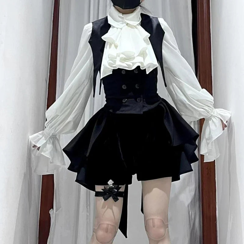 Y2k estética lolita estilo arco vestido shorts conjunto japonês feminino gótico renda alargamento manga botão camisa vestido punk festa mini vestido