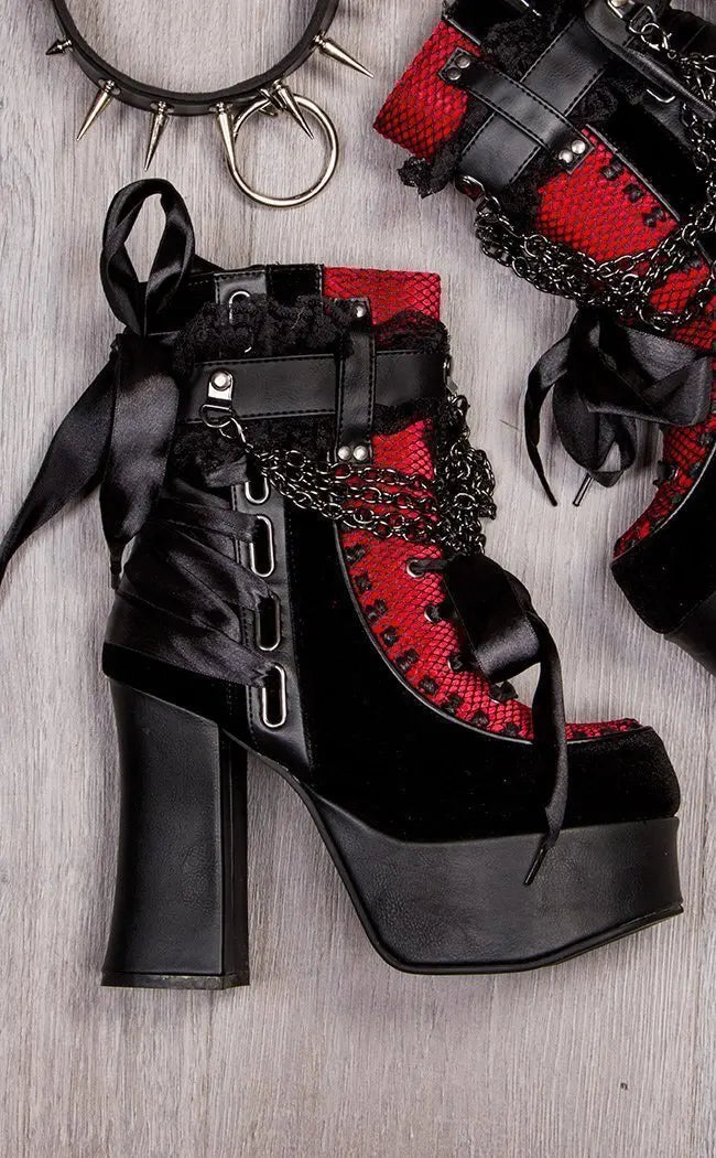 Estilo gótico corrente rendas até arco botas curtas femininas retro dedo do pé redondo salto quadrado plataforma grossa tornozelo botas punk senhoras sapatos de festa