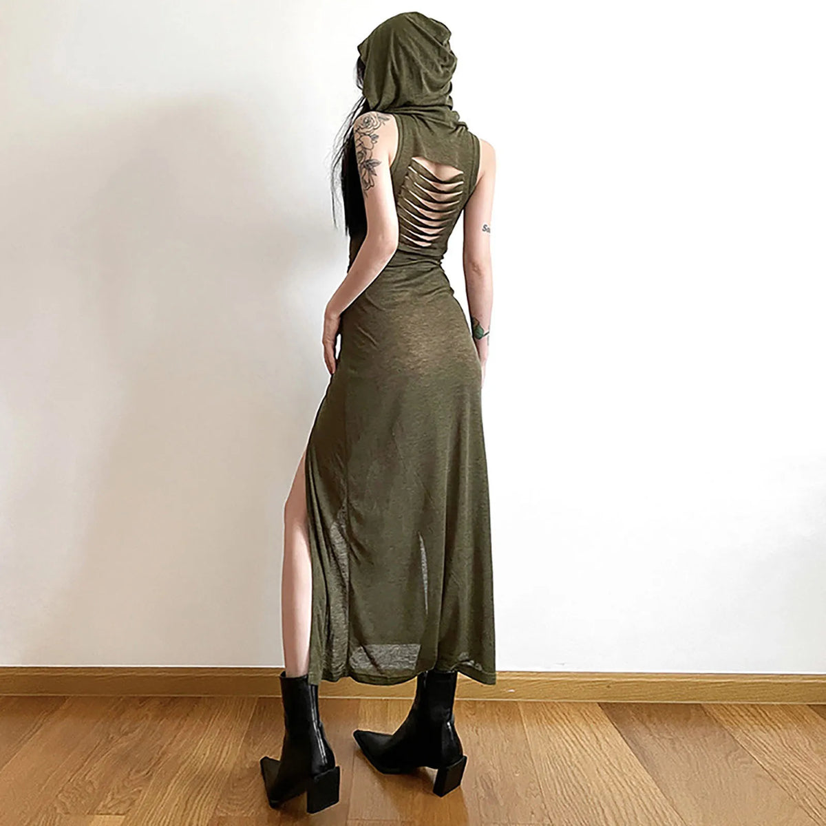 Gótico deserto walker vestidos com capuz feminino goth cyber y2k punk grunge oco para fora midi vestido sexy split side sólido streetwear