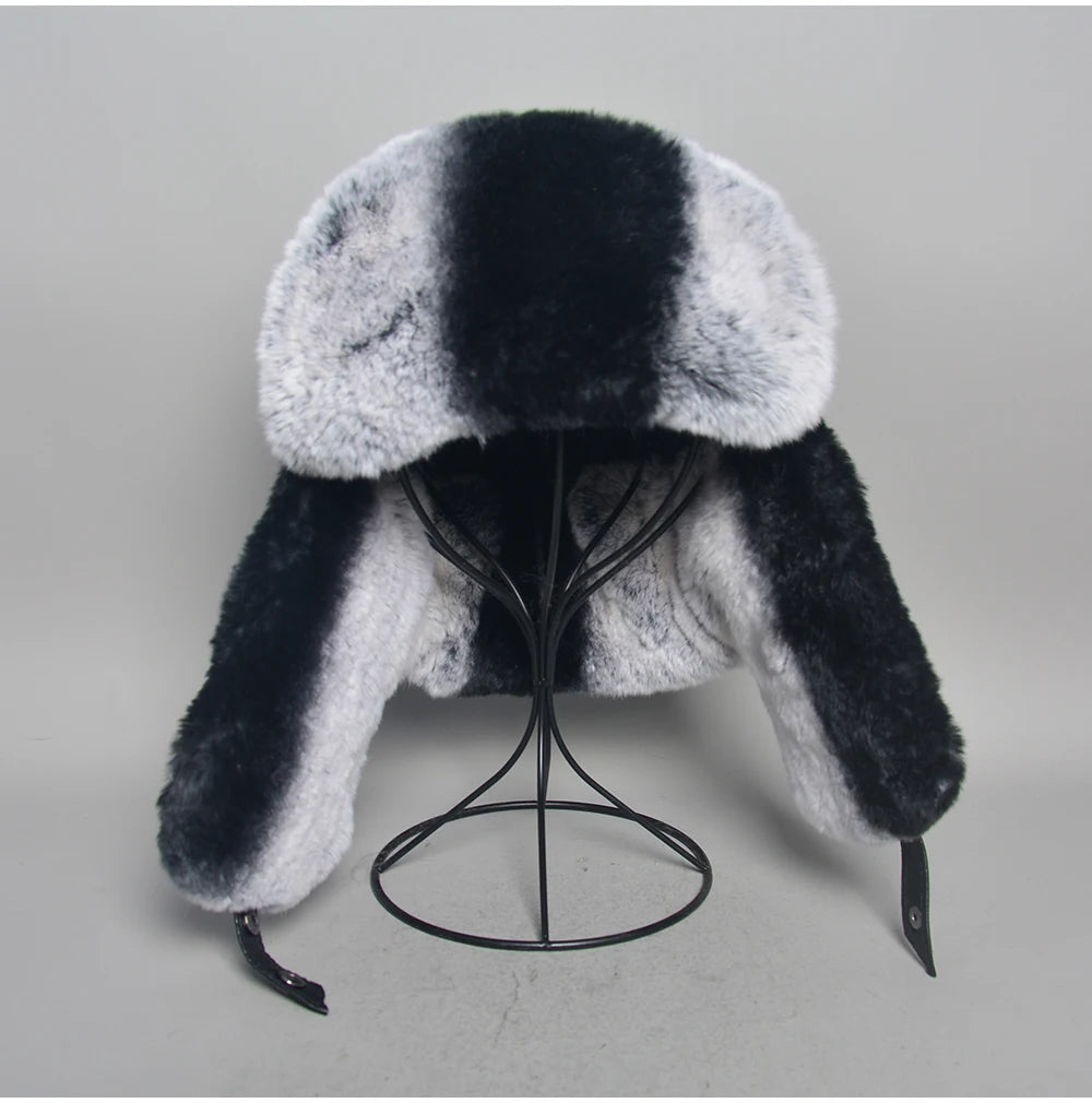 Novo unissex real rex pele de coelho bombardeiro chapéu ushanka boné trapper russo das mulheres dos homens chapéus de esqui bonés de couro de pele de carneiro real inverno quente