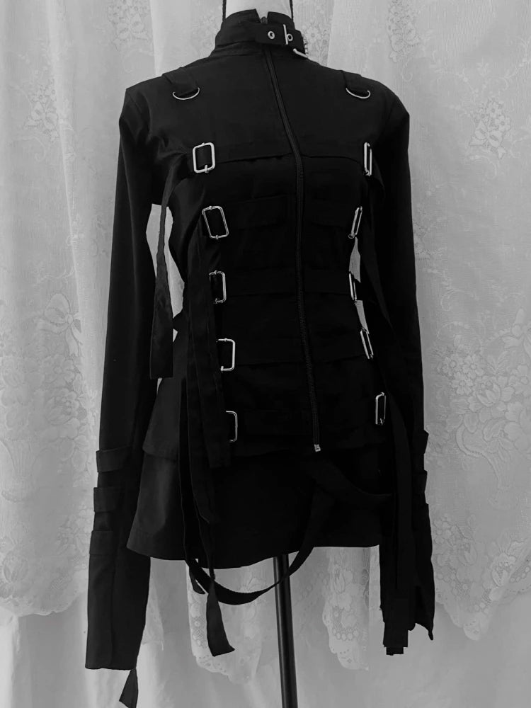 Punk Goth Bondage Jaqueta com fivela feminina, manga comprida com zíper para cima