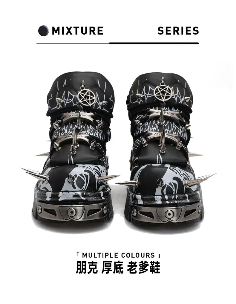 2026 Novo Design Original Plataforma Graffiti Unissex com Rebites Escuros Estilo Rock Punk, Tênis Casual Dad Shoes com Sola Plataforma