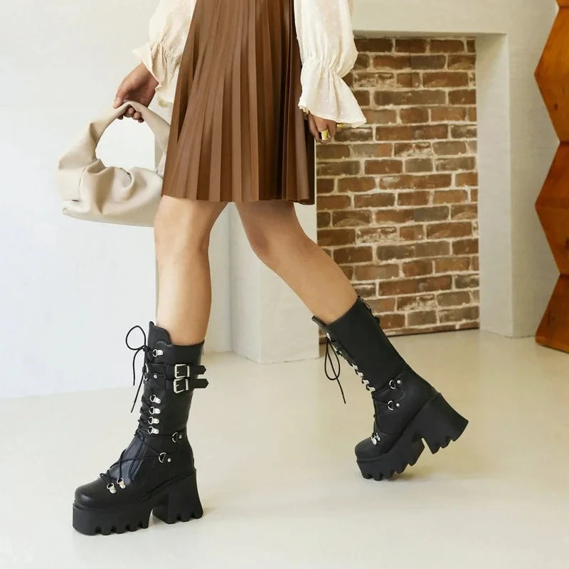 Mulheres botas altas cosplay meados de bezerro botas de plataforma alta cunhas botas 2025 outono inverno novo designer sapatos góticos para mulher botas
