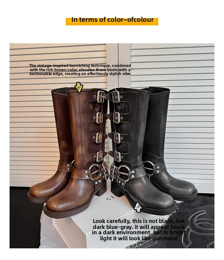 Botas Altas de Couro Genuíno para Mulheres com Fivela de Metal, Bico Quadrado, Estilo Punk, Salto Grosso, Botas de Motociclista