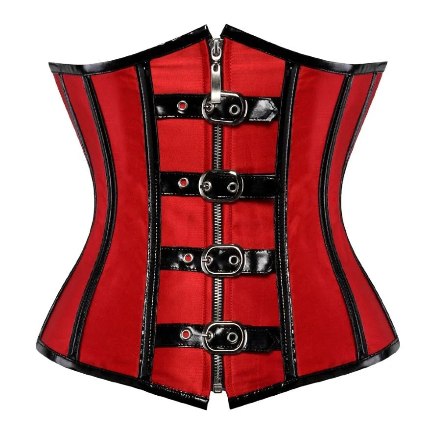 Corset Gótico Steampunk Underbust Preto e Vermelho com Espiral de Aço, Treinador de Cintura, Bustiê com Zíper e Fivelas, Corselete Modelador