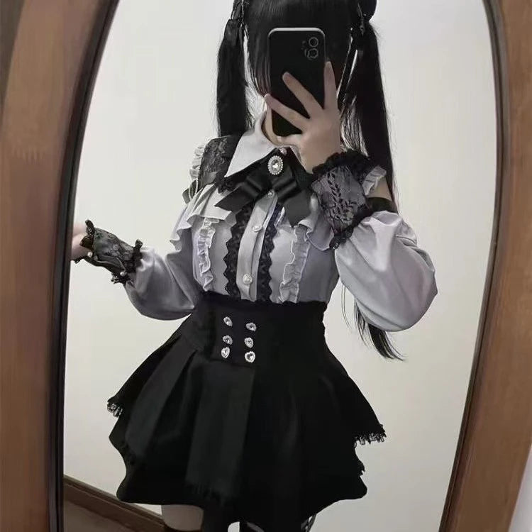 Y2k estética lolita estilo arco vestido shorts conjunto japonês feminino gótico renda alargamento manga botão camisa vestido punk festa mini vestido
