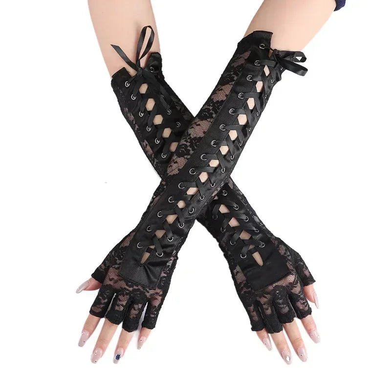 Luvas de Renda Gótica Fishnet até o Cotovelo